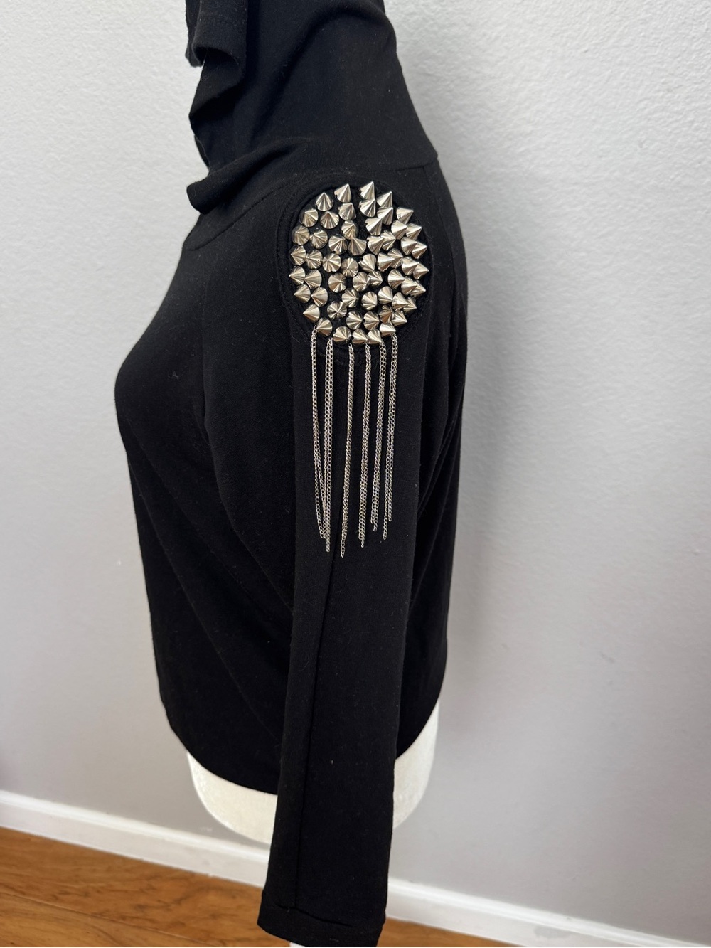 Black Hooded Lightweight Top with Silver Stud & Chain Shoulder Accent